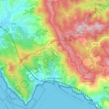 Mappa topografica Monterosso al Mare, altitudine, rilievo