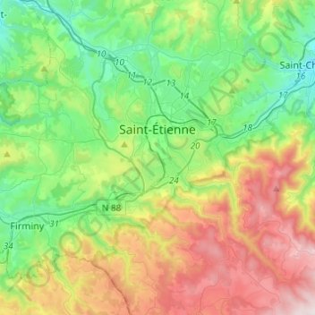 Mappa topografica Saint-Étienne, altitudine, rilievo