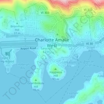 Mappa topografica Charlotte Amalie West, altitudine, rilievo