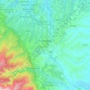 Mappa topografica Guardiagrele, altitudine, rilievo