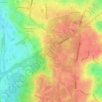 Mappa topografica Putney Heath, altitudine, rilievo