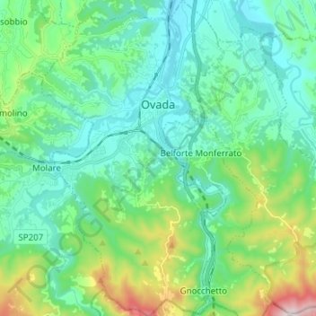 Mappa topografica Ovada, altitudine, rilievo