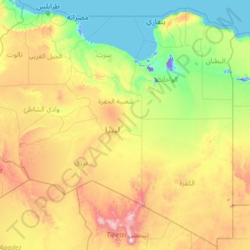 Mappa topografica Libia, altitudine, rilievo