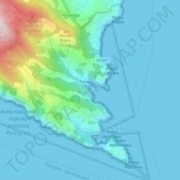 Mappa topografica Portofino, altitudine, rilievo