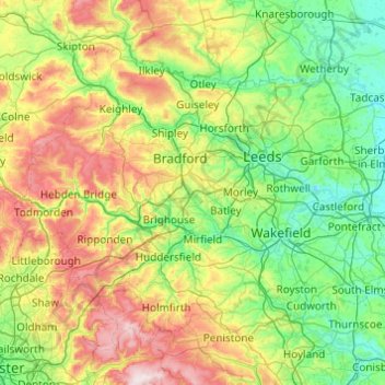 Mappa topografica West Yorkshire, altitudine, rilievo
