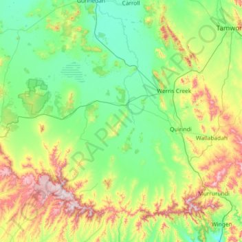 Mappa topografica Liverpool Plains Shire Council, altitudine, rilievo