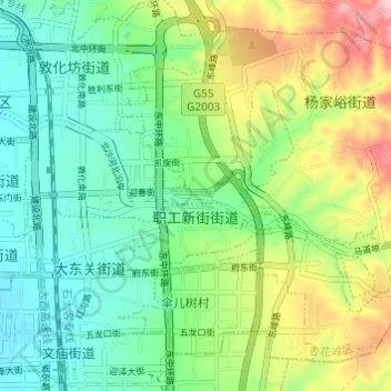 Mappa topografica 职工新街街道, altitudine, rilievo