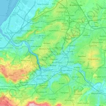 Mappa topografica Bristol, altitudine, rilievo
