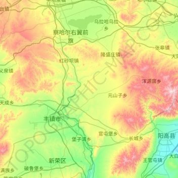 Mappa topografica 丰镇市, altitudine, rilievo