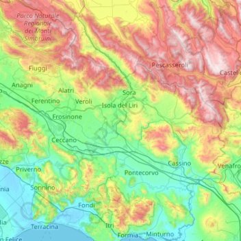 Mappa topografica Frosinone, altitudine, rilievo