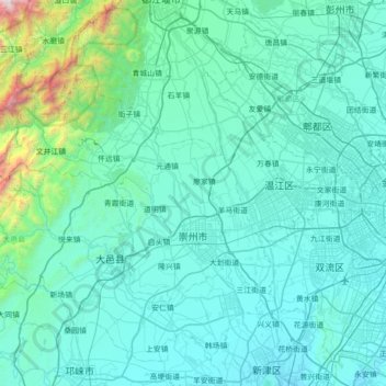 Mappa topografica 崇州市, altitudine, rilievo