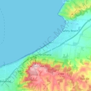 Mappa topografica Dromana, altitudine, rilievo