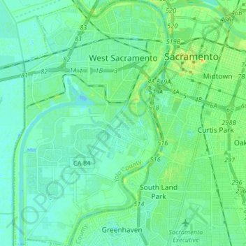 Mappa topografica West Sacramento, altitudine, rilievo