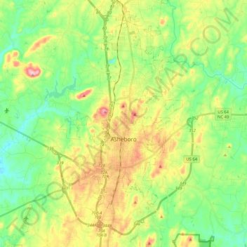 Mappa topografica Asheboro, altitudine, rilievo