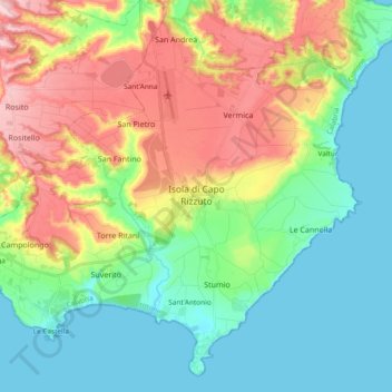 Mappa topografica Isola di Capo Rizzuto, altitudine, rilievo