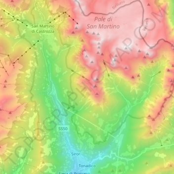 Mappa topografica Tonadico, altitudine, rilievo