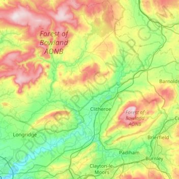 Mappa topografica Ribble Valley, altitudine, rilievo