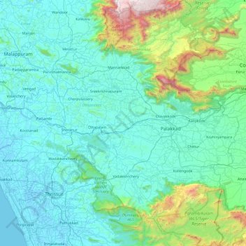 Mappa topografica Palakkad, altitudine, rilievo