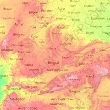 Mappa topografica Madhya Pradesh, altitudine, rilievo