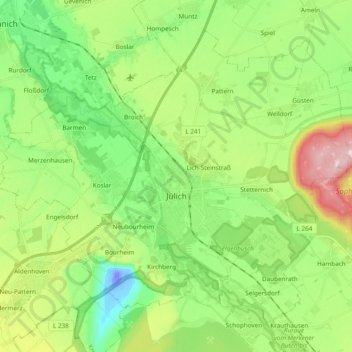 Mappa topografica Jülich, altitudine, rilievo