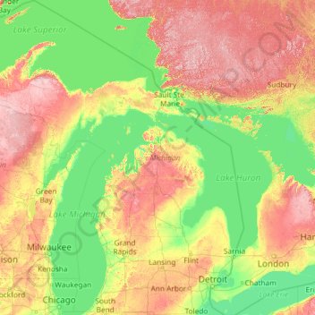Mappa topografica Michigan, altitudine, rilievo