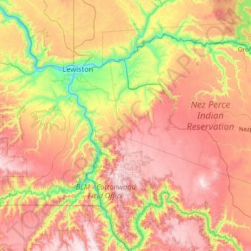 Mappa topografica Nez Perce County, altitudine, rilievo