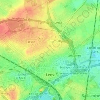 Mappa topografica Lens, altitudine, rilievo