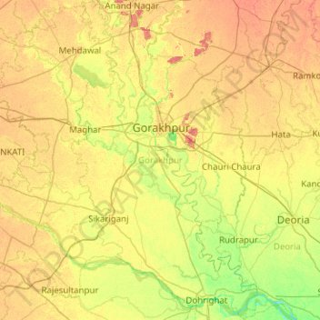 Mappa topografica Gorakhpur, altitudine, rilievo