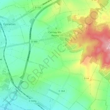 Mappa topografica Cernay-lès-Reims, altitudine, rilievo