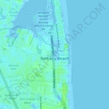 Mappa topografica Bethany Beach, altitudine, rilievo