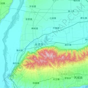 Mappa topografica 永济市, altitudine, rilievo