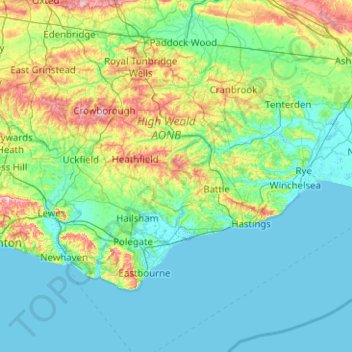 Mappa topografica East Sussex, altitudine, rilievo
