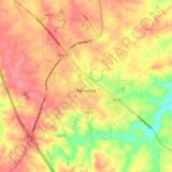 Mappa topografica Perryville, altitudine, rilievo