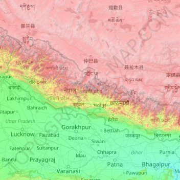 Mappa topografica Nepal, altitudine, rilievo