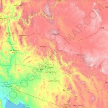 Mappa topografica Arizona, altitudine, rilievo