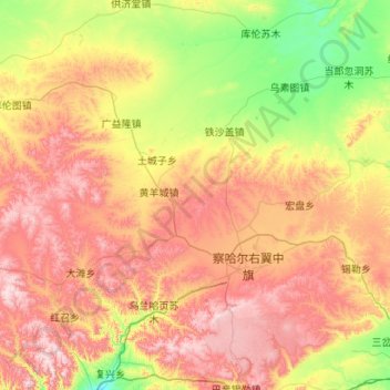 Mappa topografica 察哈尔右翼中旗, altitudine, rilievo