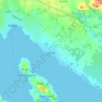 Mappa topografica Srima, altitudine, rilievo