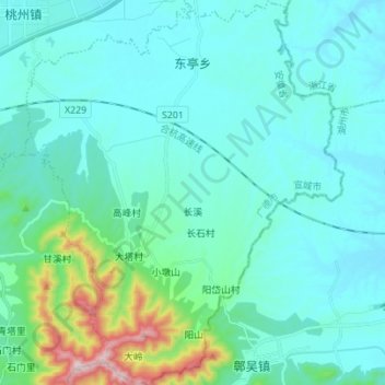 Mappa topografica 东亭乡, altitudine, rilievo
