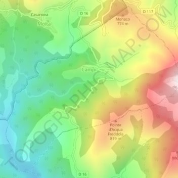 Mappa topografica Campi, altitudine, rilievo