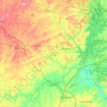 Mappa topografica Chatham County, altitudine, rilievo