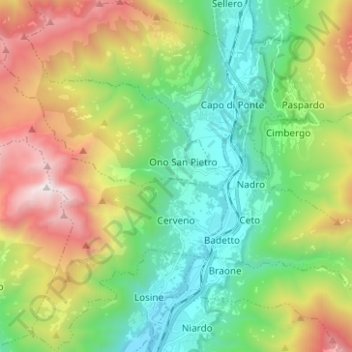 Mappa topografica Cerveno, altitudine, rilievo