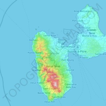Mappa topografica Guadeloupe, altitudine, rilievo