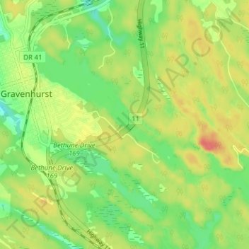 Mappa topografica Gravenhurst, altitudine, rilievo