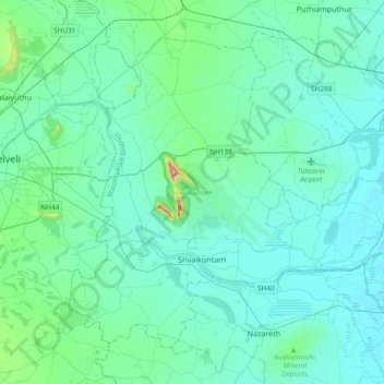 Mappa topografica Srivaikuntam, altitudine, rilievo