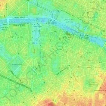 Mappa topografica Paris 7e Arrondissement, altitudine, rilievo