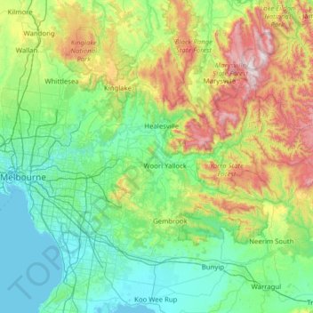 Mappa topografica Yarra River, altitudine, rilievo