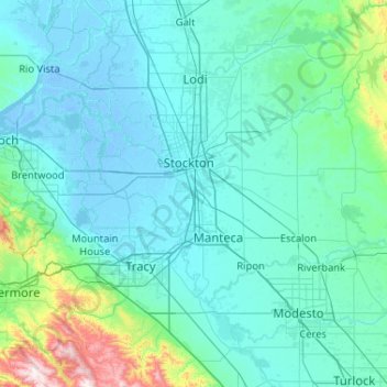 Mappa topografica San Joaquin County, altitudine, rilievo