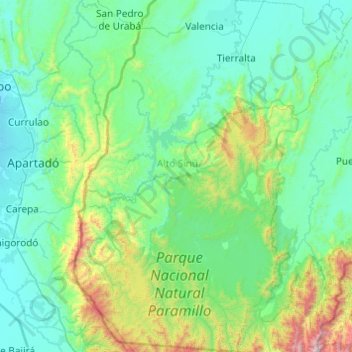 Mappa topografica Tierralta, altitudine, rilievo