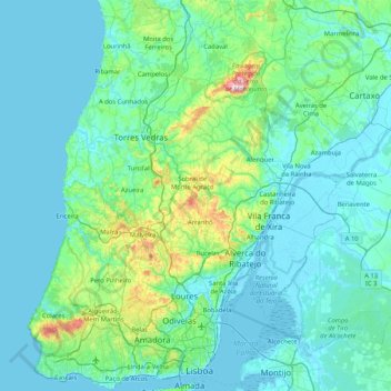 Mappa topografica Lisboa, altitudine, rilievo
