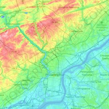 Mappa topografica Philadelphia, altitudine, rilievo